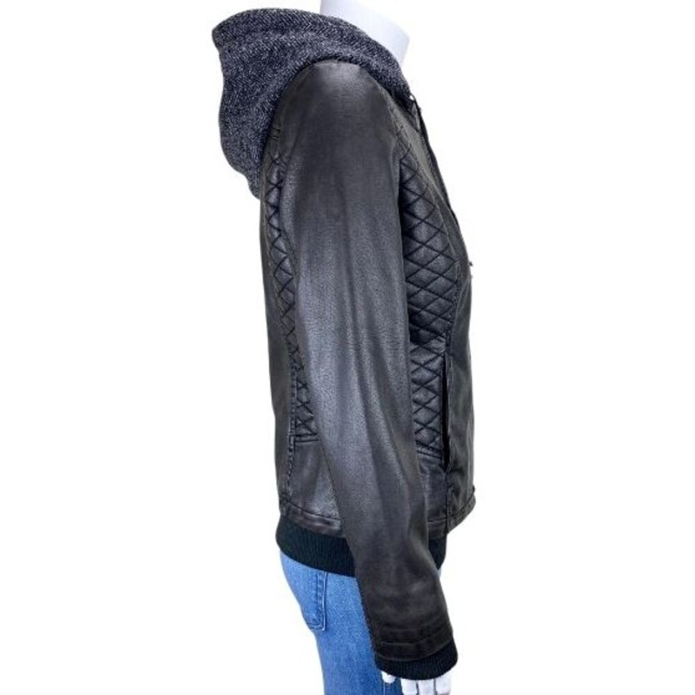Stitch Fix Mo-Ka Womens Sz Large Gray Faux Leather Biker Jacket Meriam Knit Hood - Picture 2 of 6
